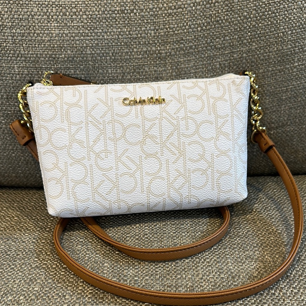 Calvin Klein White and Brown Crossbody Bag
